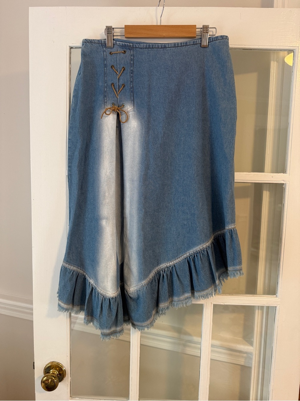 Vintage A.P.C. Light Blue Denim asymmetrical Skirt with Lace-Up Side and ruffles